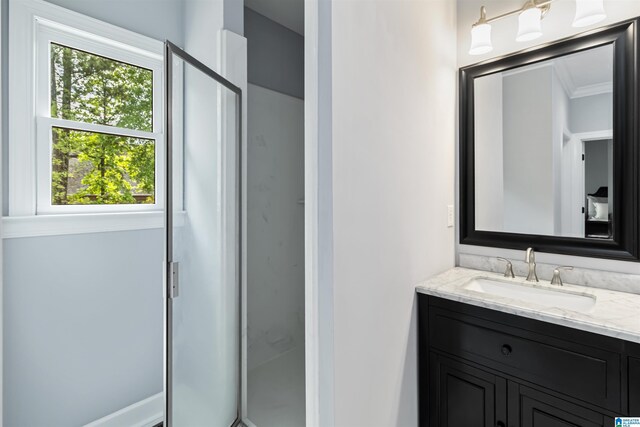 131 Creekwater St, Helena, AL 35080 - bathroom with crown molding, a stall shower, and vanity