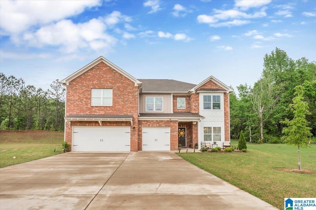 view of front of house with a garage, brick siding, a front lawn, and concrete driveway