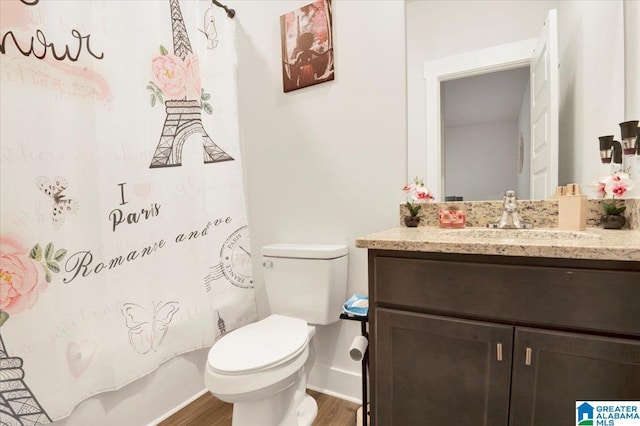 bathroom featuring wood finished floors, toilet, and vanity