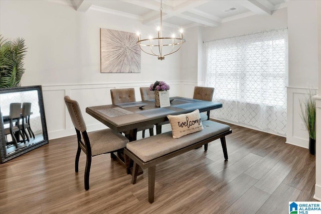 dining area featuring beamed ceiling, a notable chandelier, coffered ceiling, and a decorative wall