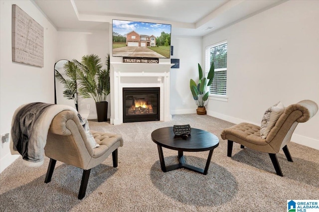 living area with baseboards, a glass covered fireplace, carpet flooring, and a tray ceiling