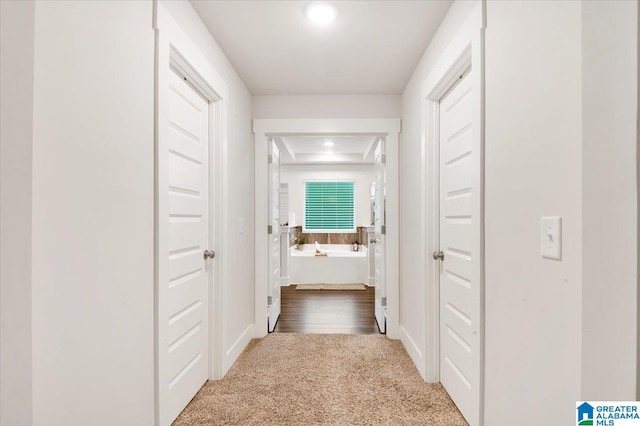 hall with carpet flooring