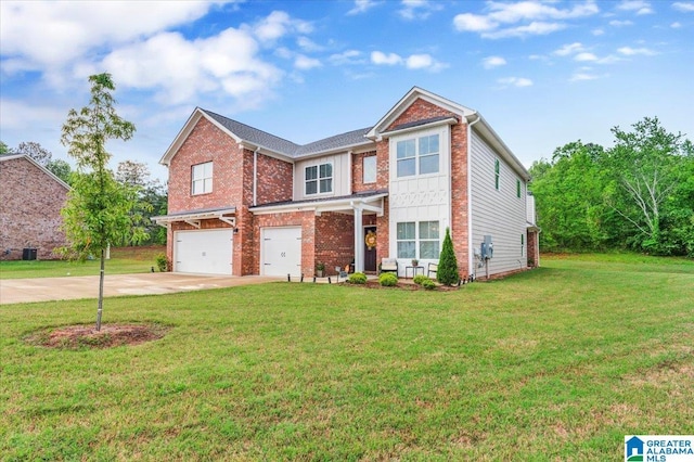 traditional-style home with a garage, brick siding, a front lawn, and concrete driveway