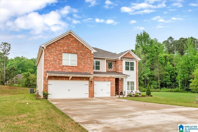 view of front facade featuring driveway, a front lawn, brick siding, and a garage