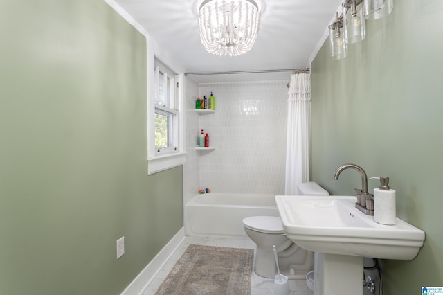 bathroom with shower / bath combination with curtain, marble finish floor, toilet, baseboards, and a notable chandelier