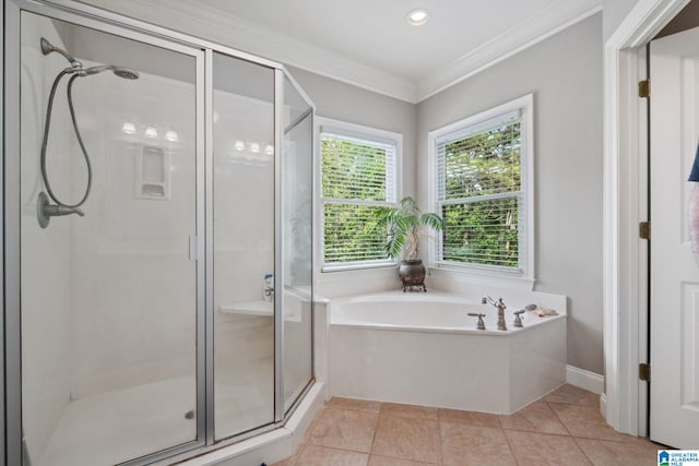 full bathroom featuring tile patterned flooring, recessed lighting, ornamental molding, a garden tub, and a stall shower