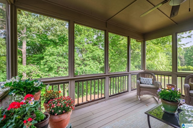 sunroom / solarium with ceiling fan and a wealth of natural light