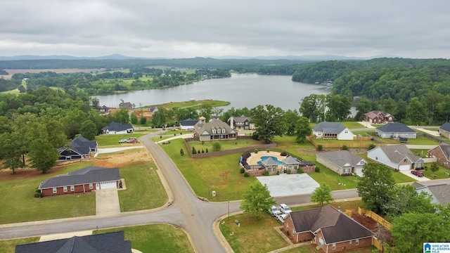 aerial view featuring a water view and a residential view