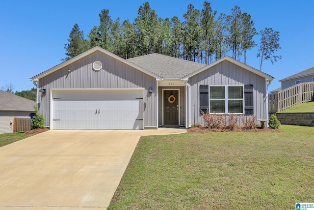 ranch-style home with board and batten siding, a shingled roof, fence, a front lawn, and a garage