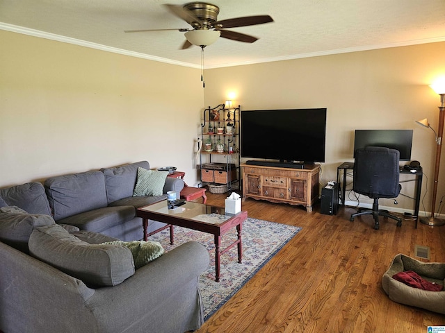 576 Chandler Mountain Rd, Steele, AL 35987 - living room with visible vents, wood finished floors, a ceiling fan, and crown molding