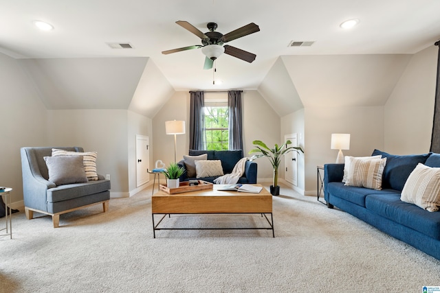 living room with ceiling fan, light carpet, and visible vents