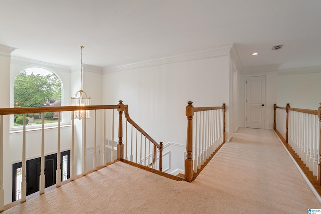 2004 Shandwick Ter, Birmingham, AL 35242 - corridor with visible vents, crown molding, an upstairs landing, an inviting chandelier, and carpet flooring