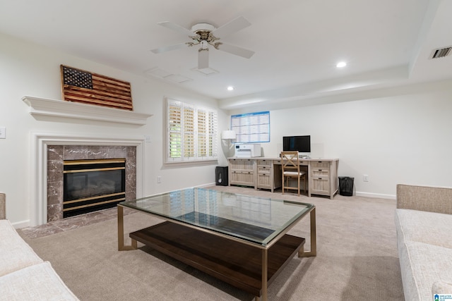 2004 Shandwick Ter, Birmingham, AL 35242 - living area with visible vents, a fireplace, light carpet, and ceiling fan