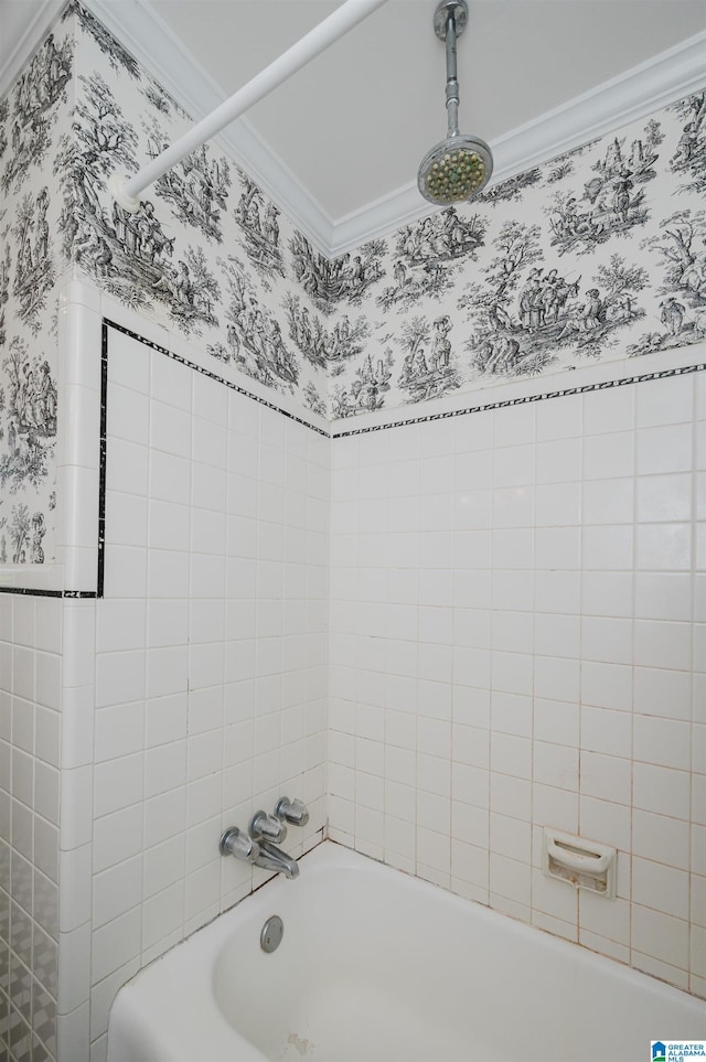 1426 Overlook Rd, Homewood, AL 35209 - full bath with wallpapered walls, ornamental molding, and a combined bath / shower with rainfall shower