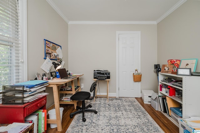 1426 Overlook Rd, Homewood, AL 35209 - office area with baseboards, ornamental molding, and wood finished floors