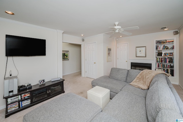 1426 Overlook Rd, Homewood, AL 35209 - living area featuring recessed lighting, light colored carpet, ornamental molding, a fireplace, and a ceiling fan