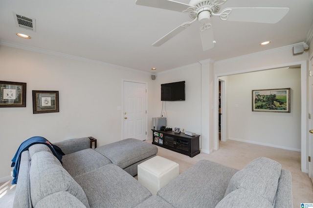 1426 Overlook Rd, Homewood, AL 35209 - living area with crown molding, ceiling fan, light colored carpet, and baseboards