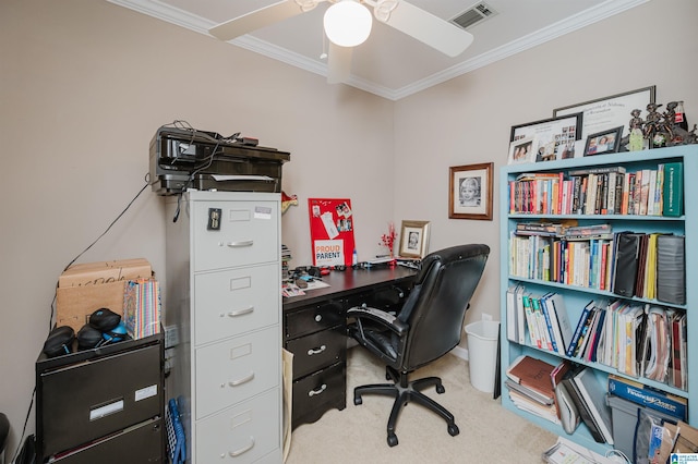 1426 Overlook Rd, Homewood, AL 35209 - carpeted office featuring crown molding, visible vents, and ceiling fan