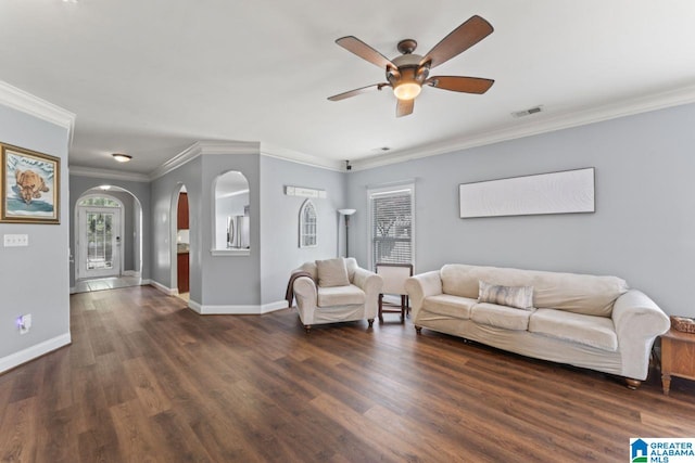 209 Vineyard Ln, Birmingham, AL 35242 - living area with visible vents, a ceiling fan, wood finished floors, baseboards, and arched walkways