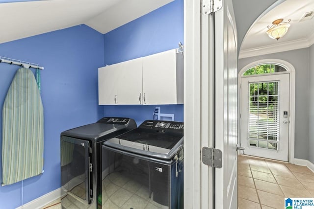 209 Vineyard Ln, Birmingham, AL 35242 - laundry room featuring visible vents, ornamental molding, washer and dryer, baseboards, and cabinet space