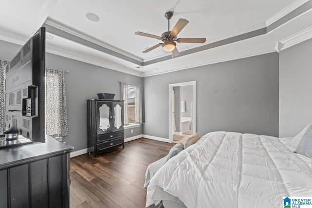 209 Vineyard Ln, Birmingham, AL 35242 - bedroom featuring a raised ceiling, ornamental molding, baseboards, and dark wood-type flooring