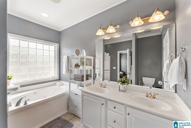 209 Vineyard Ln, Birmingham, AL 35242 - bathroom featuring double vanity, a sink, tile patterned floors, and ornamental molding