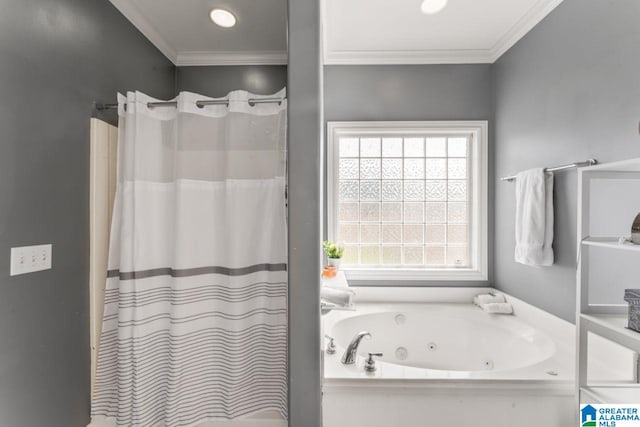 209 Vineyard Ln, Birmingham, AL 35242 - full bathroom featuring a jetted tub, crown molding, and curtained shower