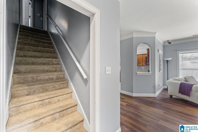 209 Vineyard Ln, Birmingham, AL 35242 - staircase featuring crown molding, baseboards, and wood finished floors