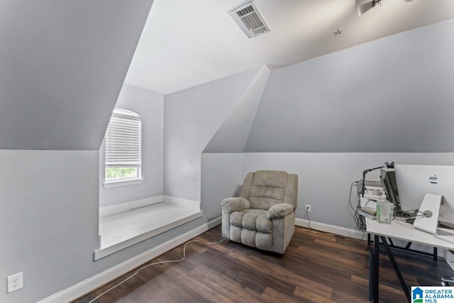 209 Vineyard Ln, Birmingham, AL 35242 - office area featuring baseboards, lofted ceiling, wood finished floors, and visible vents