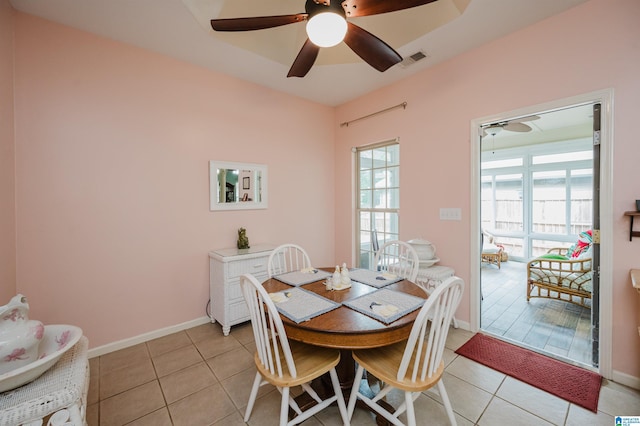 dining room featuring visible vents, a ceiling fan, light tile patterned floors, and a wealth of natural light