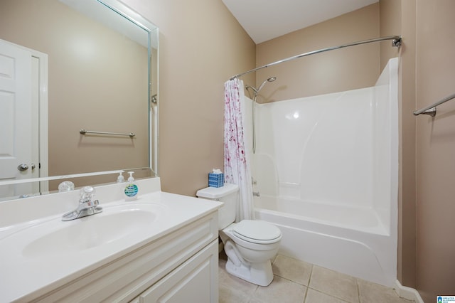 bathroom with toilet, tile patterned floors, shower / tub combo with curtain, and vanity