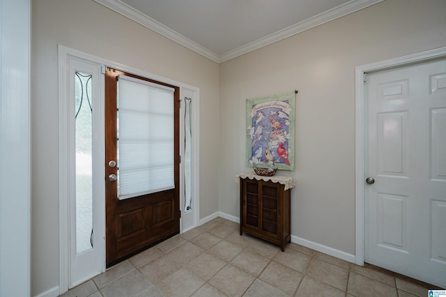foyer entrance with crown molding, baseboards, and light tile patterned floors