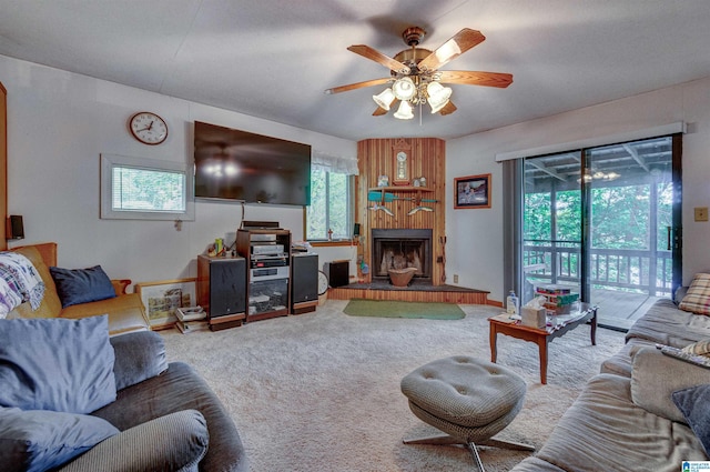 156 Wallace Dr, Shelby, AL 35143 - living room with a ceiling fan, a large fireplace, and carpet floors