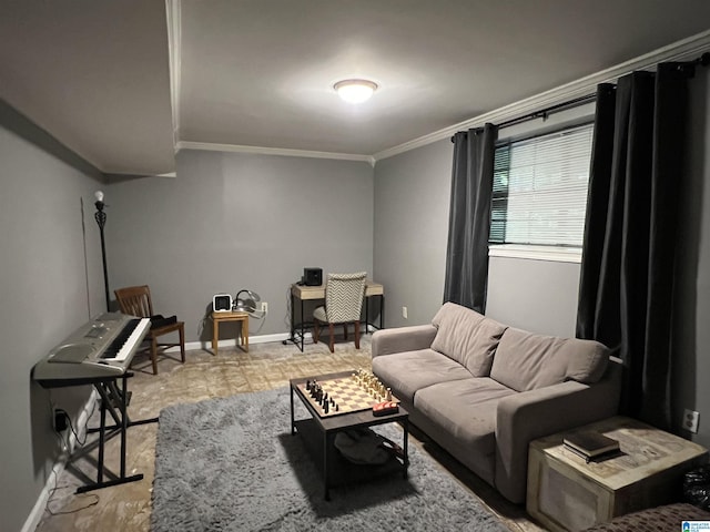 living room featuring baseboards and ornamental molding