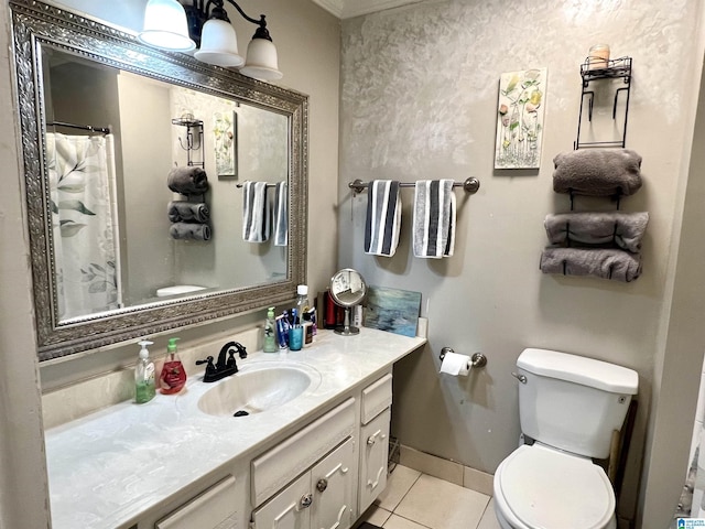 full bathroom with tile patterned floors, ornamental molding, vanity, and toilet