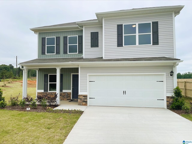 view of front of house with a garage, board and batten siding, driveway, and stone siding