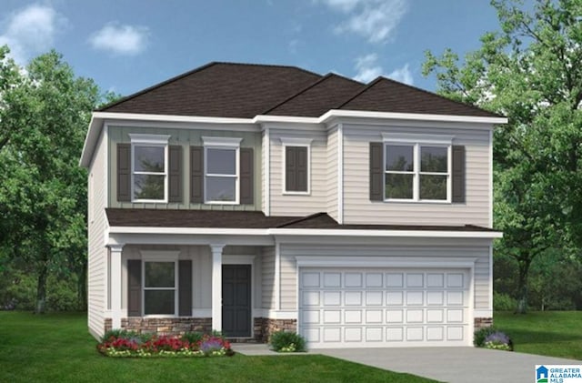 view of front of house with stone siding, an attached garage, driveway, and a front yard