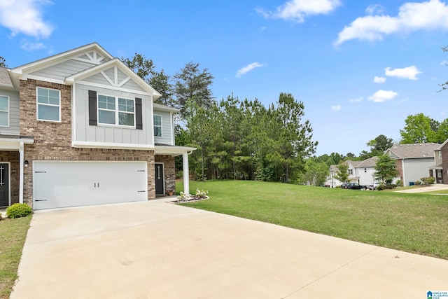 exterior space featuring a front yard, brick siding, board and batten siding, concrete driveway, and an attached garage