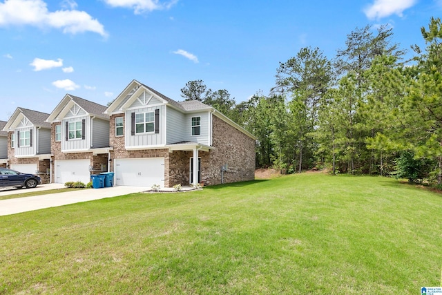 view of front of property featuring an attached garage, stone siding, board and batten siding, a front yard, and concrete driveway