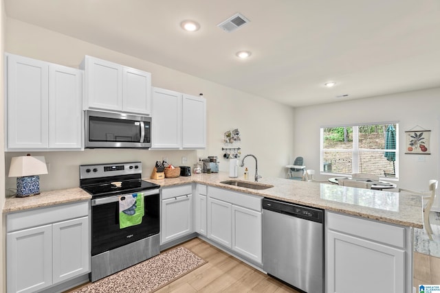 kitchen with a peninsula, white cabinetry, a sink, light wood-style flooring, and appliances with stainless steel finishes
