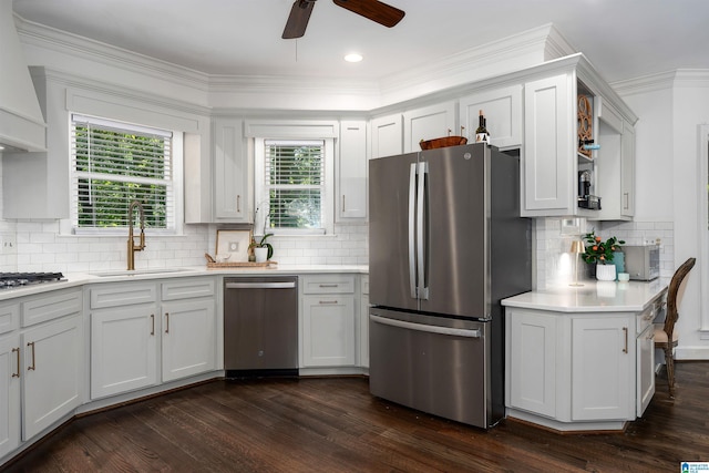 kitchen with decorative backsplash, a ceiling fan, appliances with stainless steel finishes, a sink, and light countertops