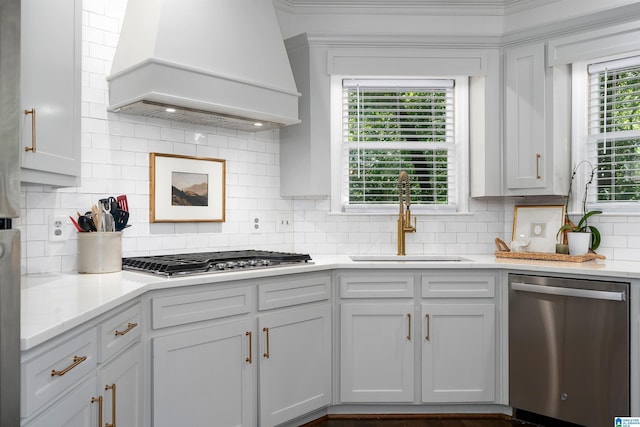 kitchen with appliances with stainless steel finishes, a sink, premium range hood, white cabinetry, and decorative backsplash