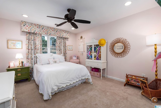 bedroom featuring recessed lighting, baseboards, visible vents, and light carpet