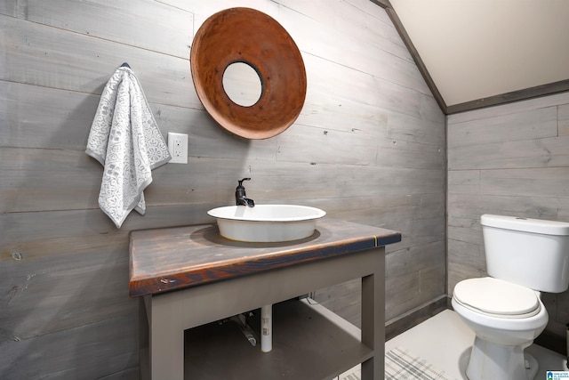 bathroom with toilet, wood walls, lofted ceiling, and vanity