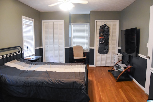 602 Riddle Ave, Piedmont, AL 36272 - bedroom with baseboards, ceiling fan, two closets, and wood finished floors