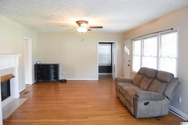 602 Riddle Ave, Piedmont, AL 36272 - living area featuring baseboards, a fireplace with flush hearth, light wood-style flooring, and a ceiling fan