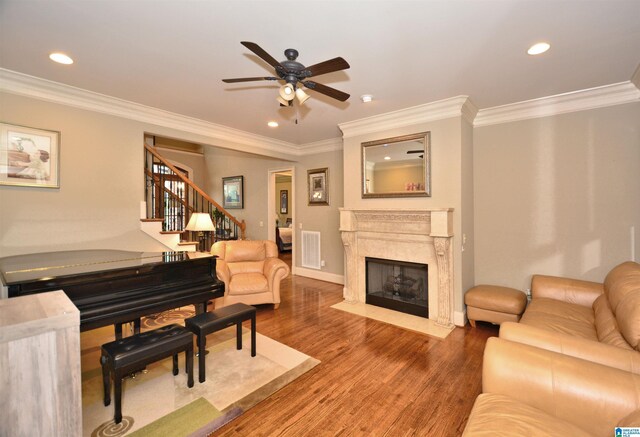 1103 Greystone Cove Dr, Hoover, AL 35242 - living area with recessed lighting, a ceiling fan, crown molding, and wood finished floors