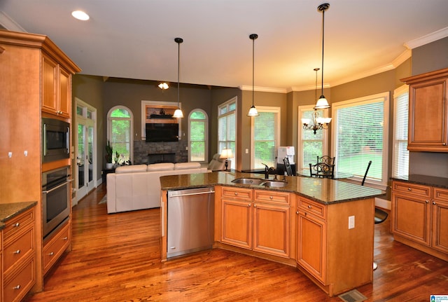 1103 Greystone Cove Dr, Hoover, AL 35242 - kitchen with crown molding, a stone fireplace, stainless steel appliances, open floor plan, and dark wood-style floors