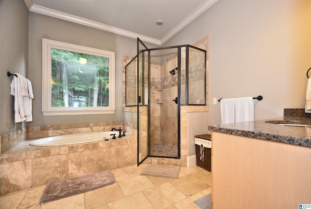 1103 Greystone Cove Dr, Hoover, AL 35242 - full bathroom with vanity, ornamental molding, a bath, and a shower stall