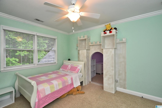 1103 Greystone Cove Dr, Hoover, AL 35242 - bedroom featuring visible vents, ornamental molding, baseboards, arched walkways, and carpet